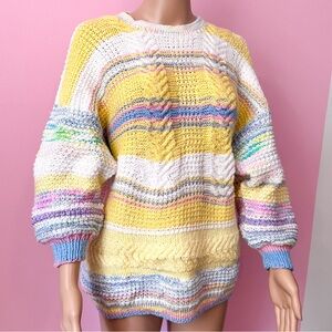 Vintage 80’s Grunge Cottagecore Handmade Yellow, Pink and Blue Baggy Sweater